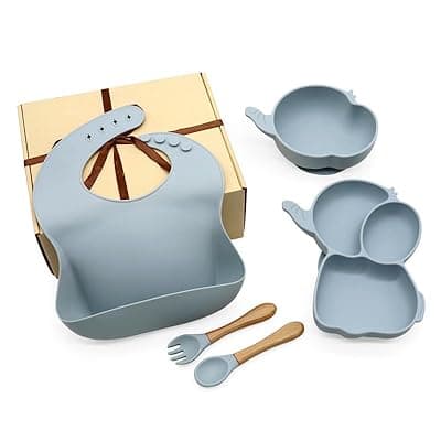 Silicone Baby & Infant Feeding Set (5 Pcs Pack - Bib, Spoon, Fork, Bowl, Plate) Suction Bowl, Divided Plate, Adjustable Bib, Soft Spoon & Fork -Training Eating Utensils (Blue)
