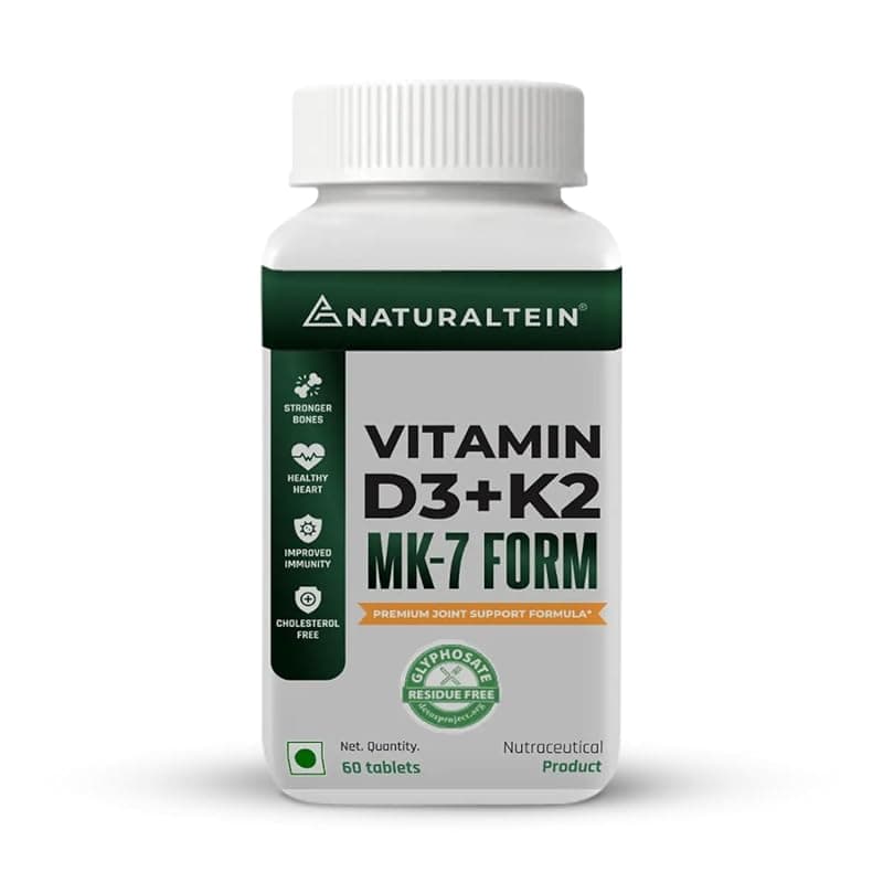NATURALTEIN Vitamin D3 + K2 Supplement | 600 IU Plant-Based D3 & 55 mcg MK-7 K2 | 60 Unflavoured Tablets for Bone, Muscle & Calcium Support