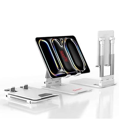 SOOPII DM02i Desktop Tablet Stand + Mobile Stand, Heavy Base Aluminum Holder for Tablets/Mobile/Tab Stand and e-Book Readers (Up to 15.6 inch) - White
