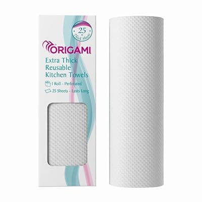 Origami Reusable Kitchen Towel Roll – 25 Sheets, Washable up to 2,500 Times | Highly Absorbent, Eco‑Friendly &amp; Hygienic Non‑Woven Dish Cloth Alternative for Cleaning Tough Stains