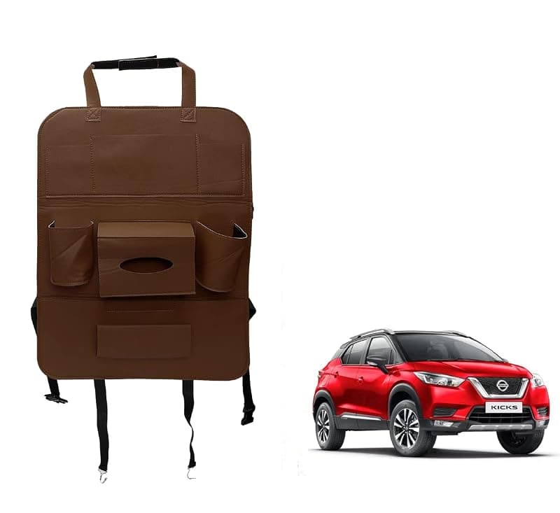 Oshotto Car Backseat Storage Organizer Phone Holder,Multi-Pocket for Bottles, Tissue Boxes,Kids Toy Storage and Great Travel Accessory Compatible with Nissan Kicks (Brown)