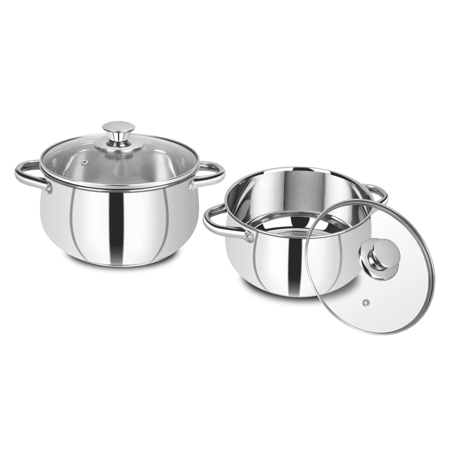 Bergner Acier Stainless Steel Set of 2 Cook and Serve Casserole with 2 Glass Lids, 4 pcs, 2 Casseroles 16cm with 2 Glass Lids, Induction Bottom, Gas Ready, Silver