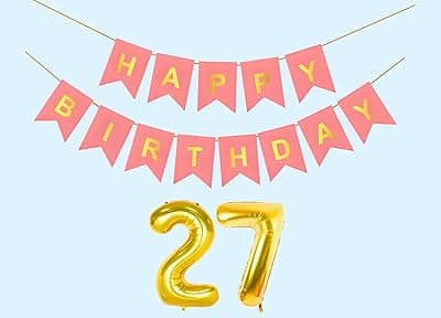 27th Happy Birthday Decoration Kit Light Pink for 27 year Old Boys Girls Men with Number Twenty-seven Party Decorations Decor Celebration Items Item Set Combo Reusable Paper Banner