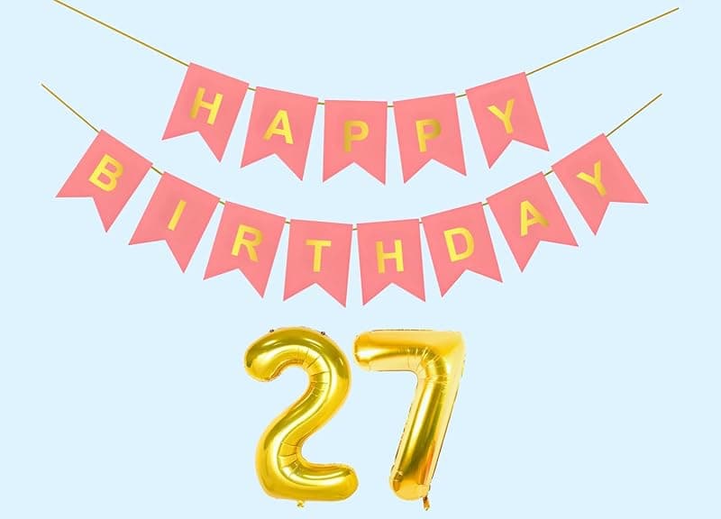 27th Happy Birthday Decoration Kit Light Pink for 27 year Old Boys Girls Men with Number Twenty-seven Party Decorations Decor Celebration Items Item Set Combo Reusable Paper Banner