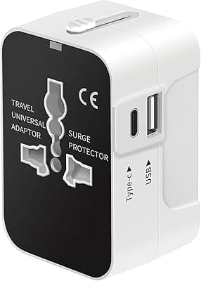 rts Universal Travel Adapter - Type C USB-C, 3-in-1 Universal Adapter Plug, Travel Accessory With 1 USB-C, 2.4A, All-In-One For Phone, Laptop, Mobile, Tablet, White