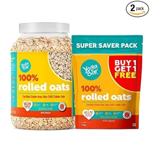 Yogabar 100% Rolled Oats 2kg Combo, 1kg Jar + 1kg Pouch | Gluten-Free, High-Fibre Wholegrain Oats | Nutritious Breakfast Cereal, Easy-to-Cook