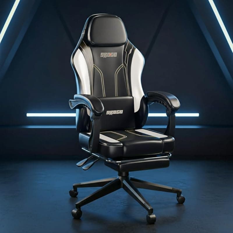 DROGO Ergonomic Gaming Chair with Premium PU Leather Fabric, Linkage Armrest, Adjustable Neck &amp; Lumbar Pillow | Computer Chair for Study | Home &amp; Office Chair with Recline (Black/White)