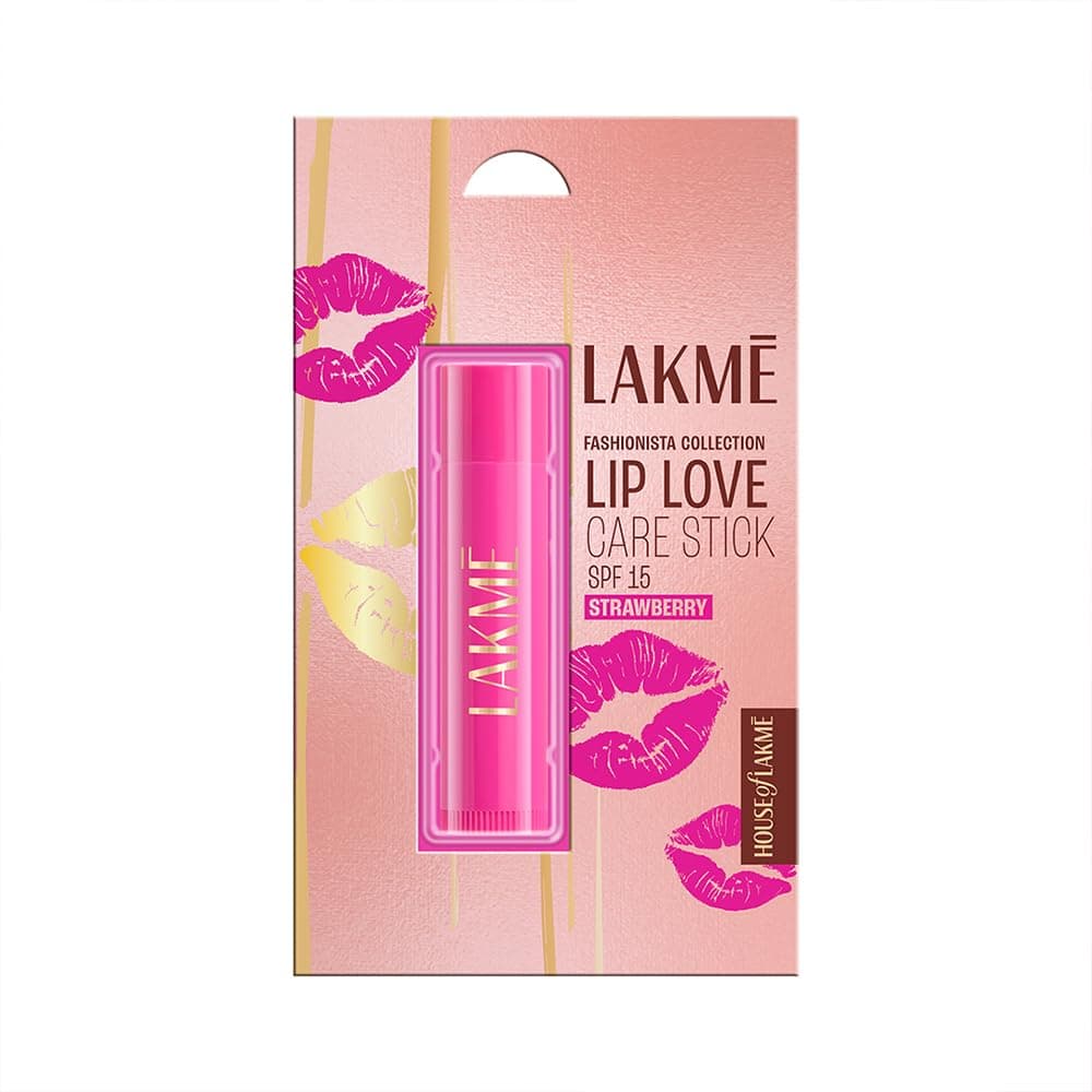 Lakme Lip Love Care Stick Strawberry, with 10% Vitamin E Complex, nourished with Shea & Cocoa Butter and enriched with Almond & Jojoba Oil for 24hr moisturization in just 1 swipe, with SPF 15, 4.5g