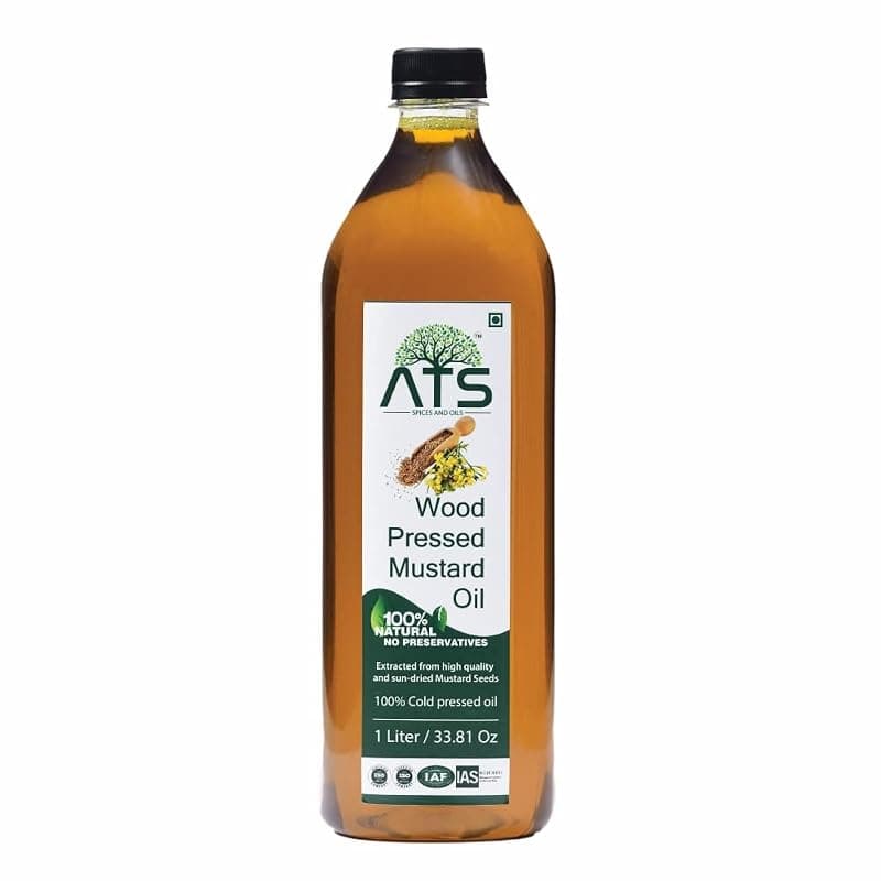 ATS Premium Wood Pressed Mustard Oil 1 Litre PET Bottle | Kacchi Ghani/Mara Chekku | Black Mustard Oil | Sarso Ka Tel | Pure, Natural Cooking Oil with Rich Aroma & Thickness