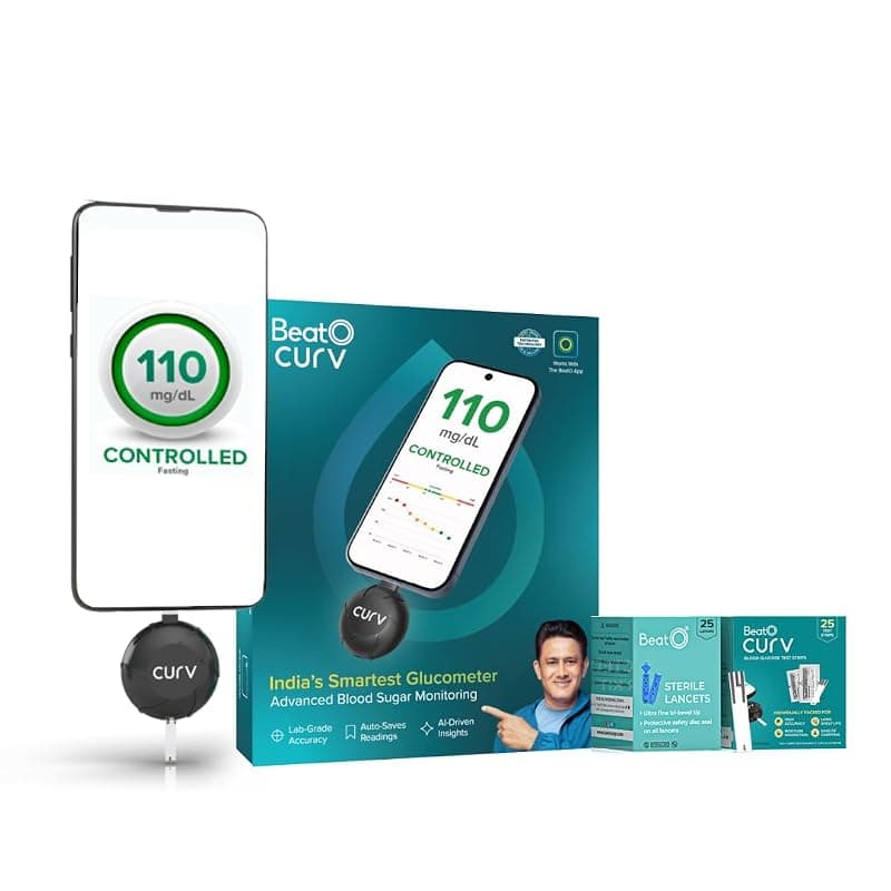 BeatO CURV Sugar Test Machine | FREE 25 Strips &amp; 25 Lancets (Type-C USB Connector) | Simple &amp; accurate testing of Blood sugar levels at home |Smartphone Connected Glucometer Machine | Android only | ISO Certified: Made in India