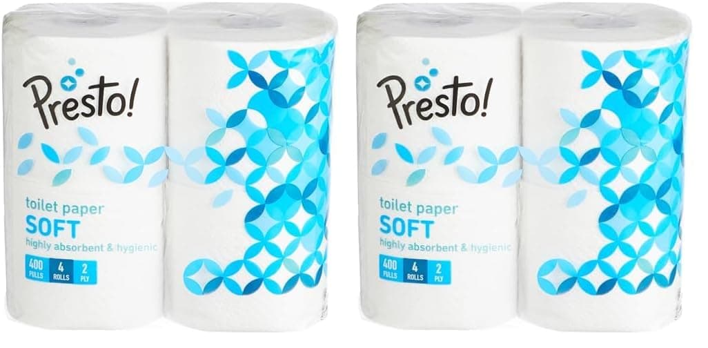 Presto! 2 Ply Toilet Tissue Paper, 100% Natural virgin paper - Pack of 8 (400 Pulls per Roll)