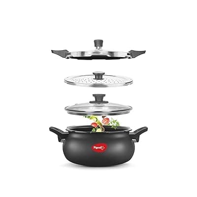 Pigeon By Stovekraft All in One Super Cooker Aluminium with Outer Lid Induction and Gas Stove Compatible 5 Litre Capacity for Healthy Cooking (Black)