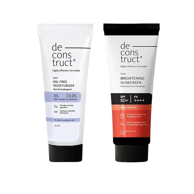 Deconstruct Hydration &amp; Brightening Combo: Oil-Free Moisturizer &amp; Brightening Sunscreen SPF 50+ | Get Glowing Skin with Sun Protection| Moisturizer For Oily Skin| No White Cast &amp; Lightweight | Pack of 2