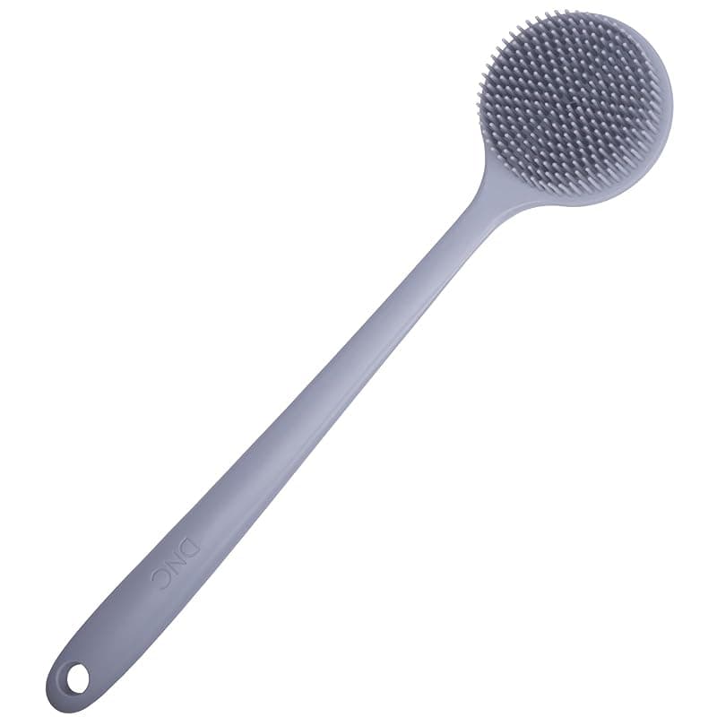 DNC Soft Silicone Back Scrubber Shower Bath Body Brush with Long Handle, BPA-Free, Hypoallergenic, Eco-Friendly (Gray)