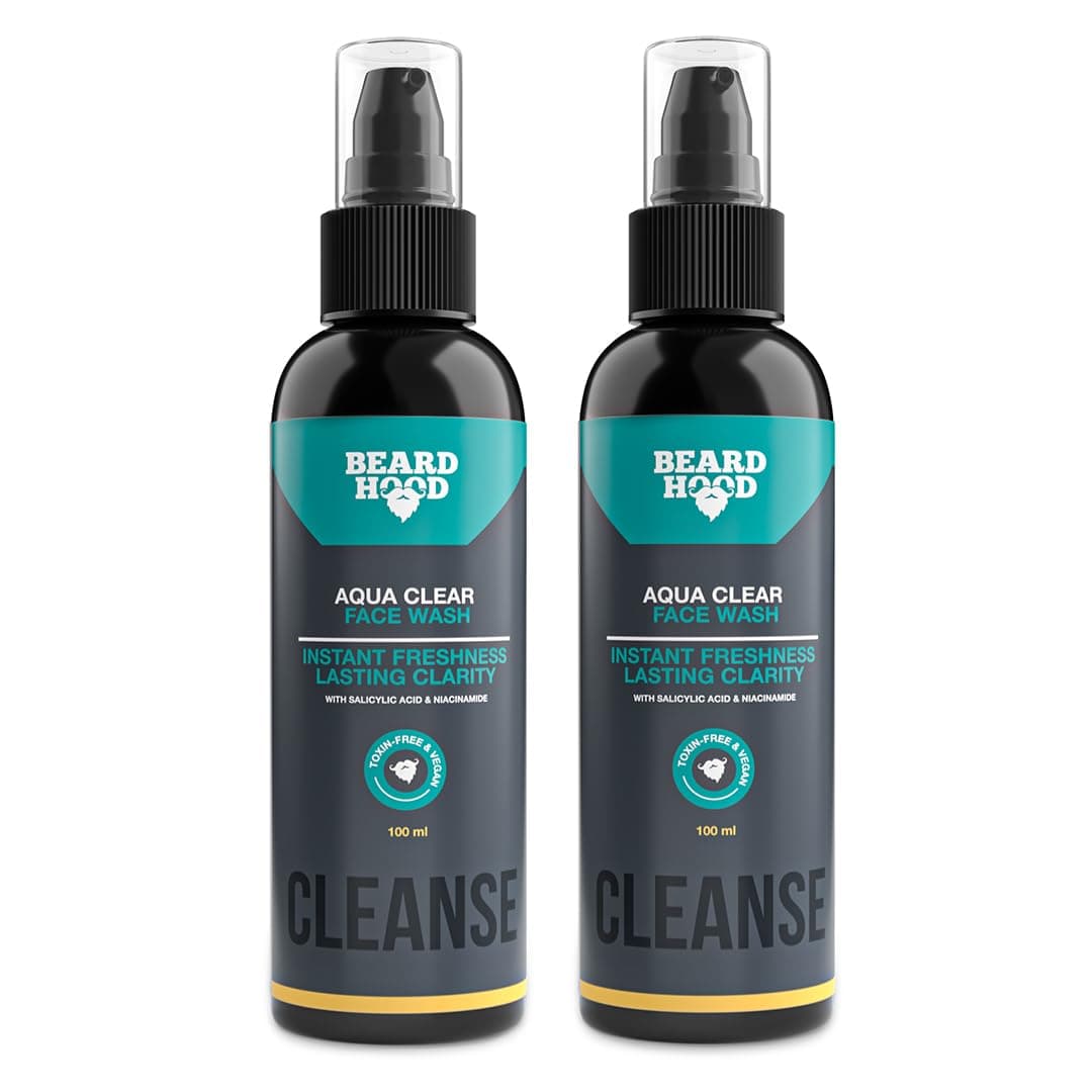 Beardhood Aqua Clear Face Wash for Men | Fight Acne & Pimples, Brighten Skin, Clears Dirt, Oil Control, Refreshing Feel - Multi-Action Formula - Pack of 2