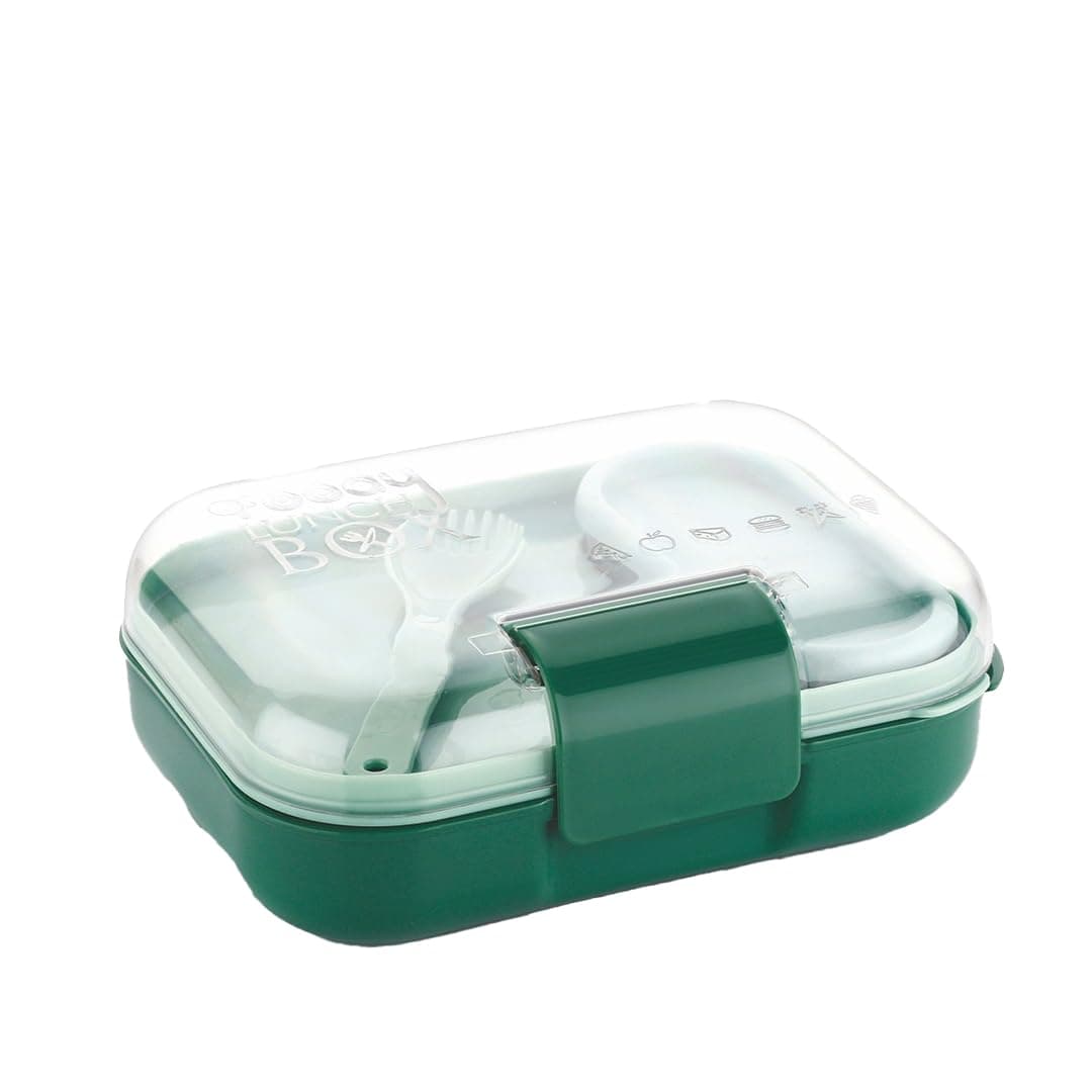 ATTRO Food Bite Kids Plastic Lunch Box – 3 Compartments, 1 Small Container & Spoon, with Stylish Lid BPA-Free, Freezer Safe, Ideal for School, Travel & Outdoor - Green