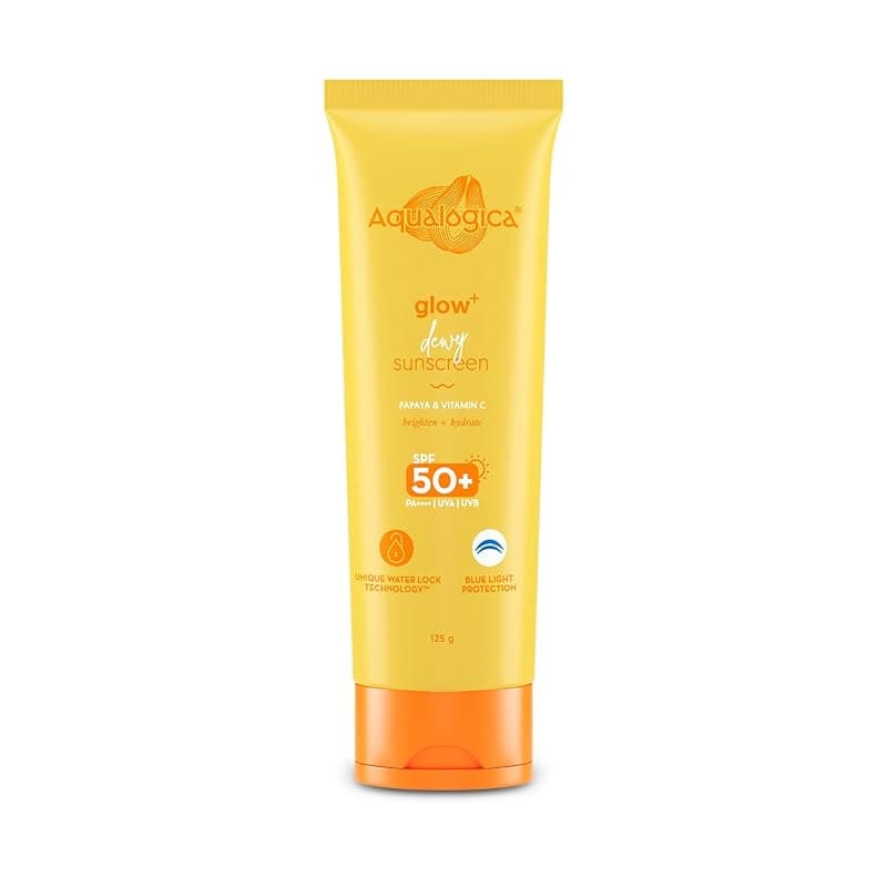 Aqualogica Glow+ Dewy Sunscreen Gel SPF 50+ PA++++ with Papaya & Vitamin C | UVA/B & Blue Light Protection | Anti-Pollution Factor (APF) Technology | In-Vivo Tested | No White Cast | 125 g