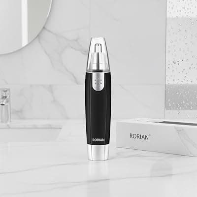 RORIAN 3-in-1 Nose, Ear &amp; Eyebrow Hair Trimmer for Men &amp; Women – Waterproof, Painless Facial Hair Remover with Dual-Edge Blades – Compact, Battery-Operated Grooming Tool (Black)