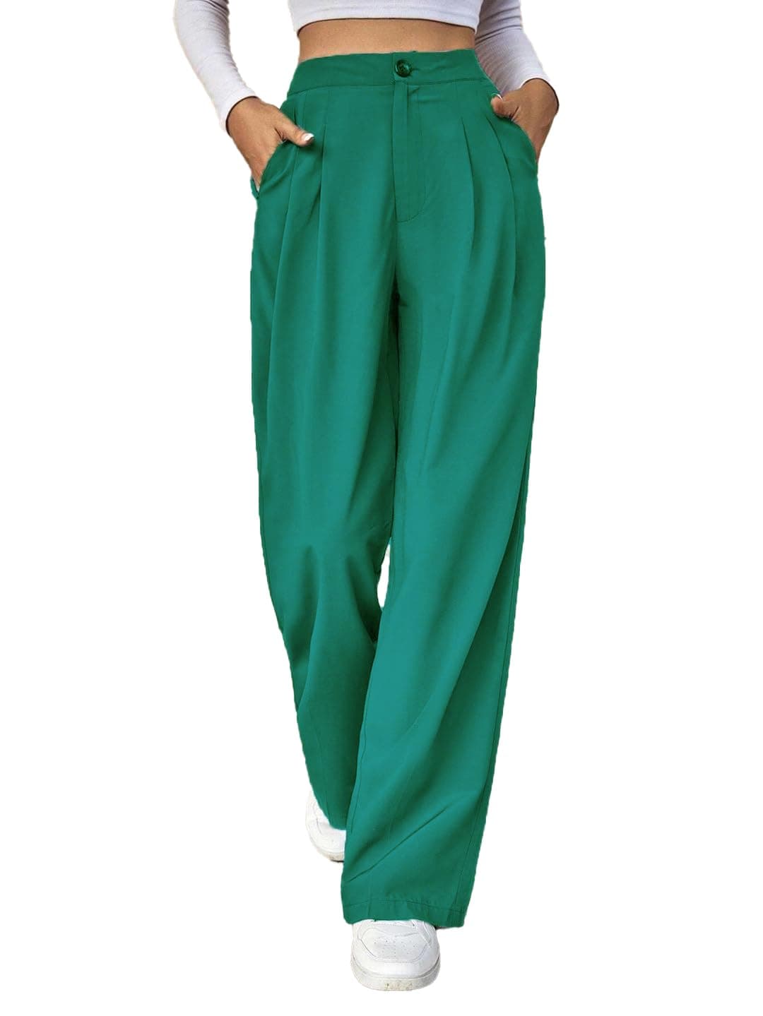 KOTTY Womens High Rise Cotton Blend Straight Fit Cross Pocket Solid Trousers