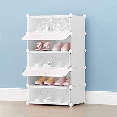 Portable Shoe Rack for Home Plastic Shelves Household, DIY Shoe Rack with Door for Heels/Shoes for Entryway,Hallway,Bedroom (White, 5-Shelf)