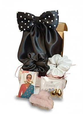 Gift Hamper for Girls and Woman – Hair Accessories Combo with Handmade Satin Scrunchies, Handmade Pearl Bow Clip,Infinity Pendant, Claw Clip & Earrings | Birthday,Valentine's Day & Special Occasion Gift (Pack of 6)