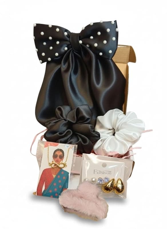 Gift Hamper for Girls and Woman – Hair Accessories Combo with Handmade Satin Scrunchies, Handmade Pearl Bow Clip,Infinity Pendant, Claw Clip & Earrings | Birthday,Valentine's Day & Special Occasion Gift (Pack of 6)