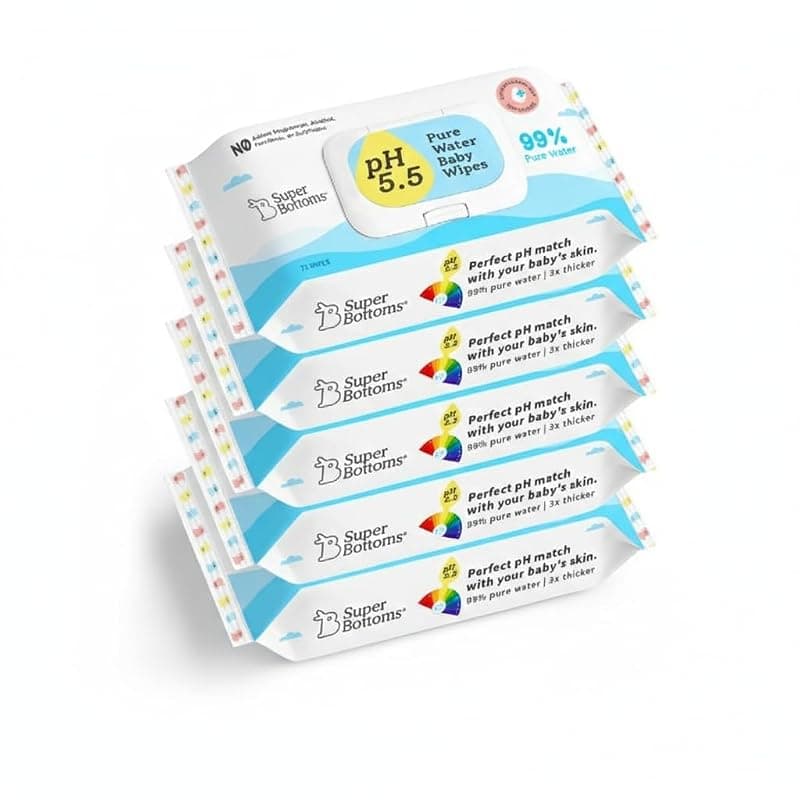 SuperBottoms 99% Pure Water Baby Wet Wipes - Skin-Friendly 5.5 pH Formula - Gentle & Biodegradable Wet Wipes for Baby - Dermatologically Tested - Thick & Durable (Pack of 5, 360 pcs)