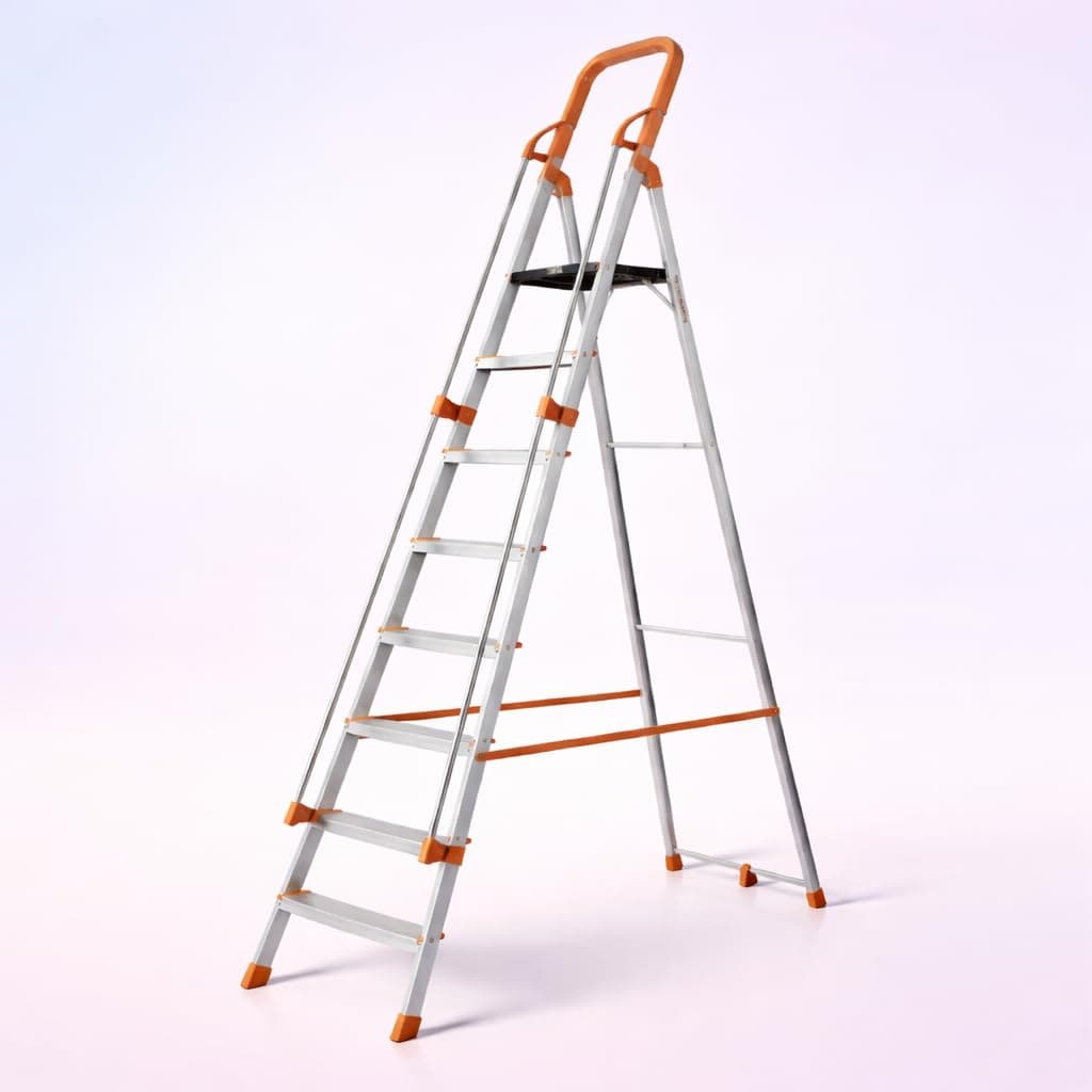 HOUZA Aluminium Ladder for Home 8 Steps Foldable with Railing & Anti-Skid Wide Steps | Multi-Purpose Heavy Duty Ladder, Kitchen & Household | 250 Kg Load Capacity | 5 Year Warranty (Orange)
