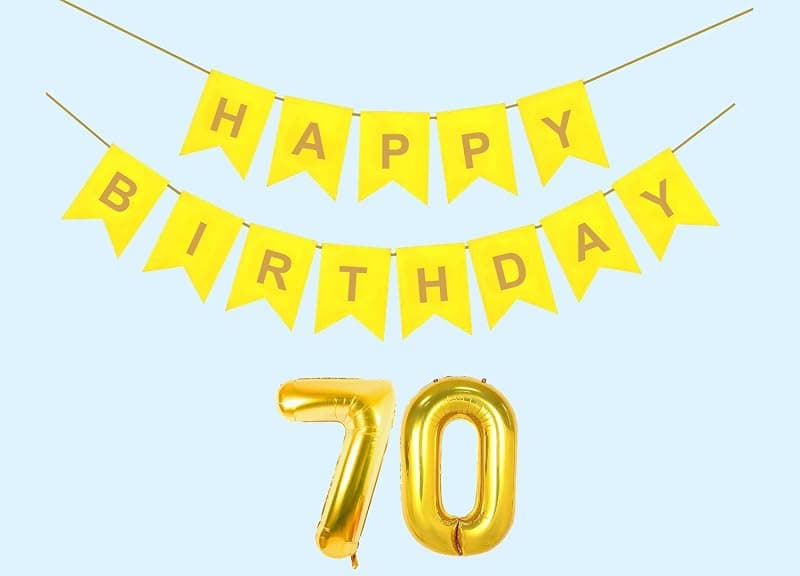 70th Happy Birthday Decoration Kit Yellow for 70 year Old Women with Number Seventy Party Decorations Decor Celebration Items Item Set Combo Reusable Paper Banner