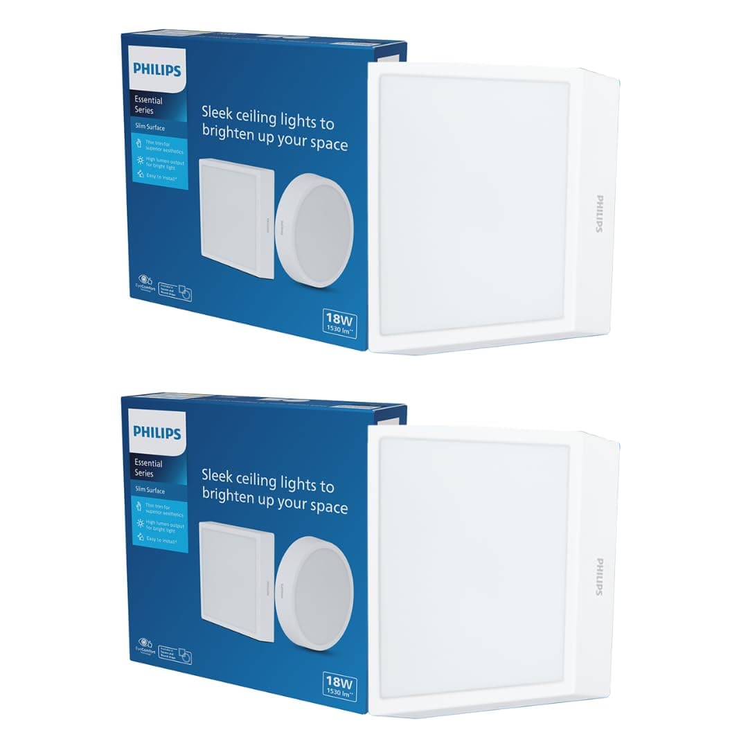 PHILIPS 18 Watt Square Slim Surface Ceiling Light | LED Downlighter for Both Normal & False Ceiling | Colour : Natural White, Pack of 2