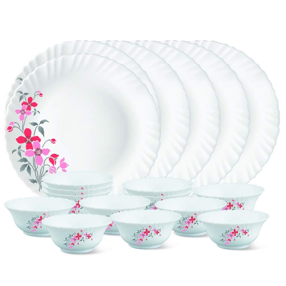 Larah By Borosil Floral Glass Florethali Set (White)-18 Pieces