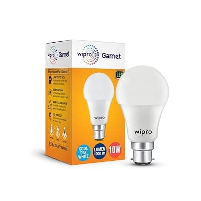 wipro Garnet 10W LED Bulb for Home &amp; Office |Cool Day White (6500K) | B22 Base|220 degree Light coverage |4Kv Surge Protection |400V High Voltage Protection |Energy Efficient | Pack of 1