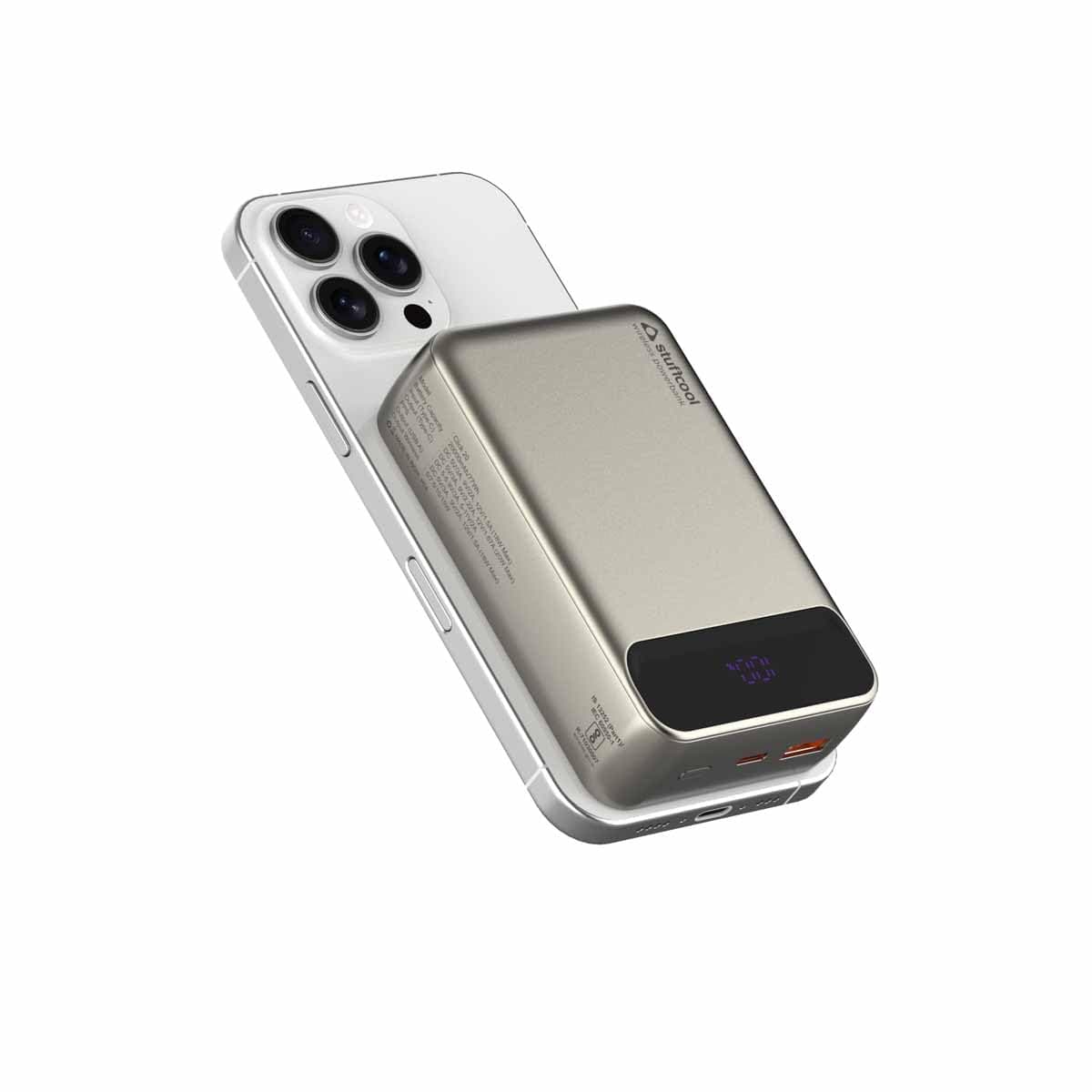 Stuffcool Click 20000mAh Magnetic Wireless Powerbank Natural Titanium Finish Perfect for iPhone 16,15,14,13,12 with Led Display and 20W Fast Wired Charging - Charges iPhone 50% in 30 mins