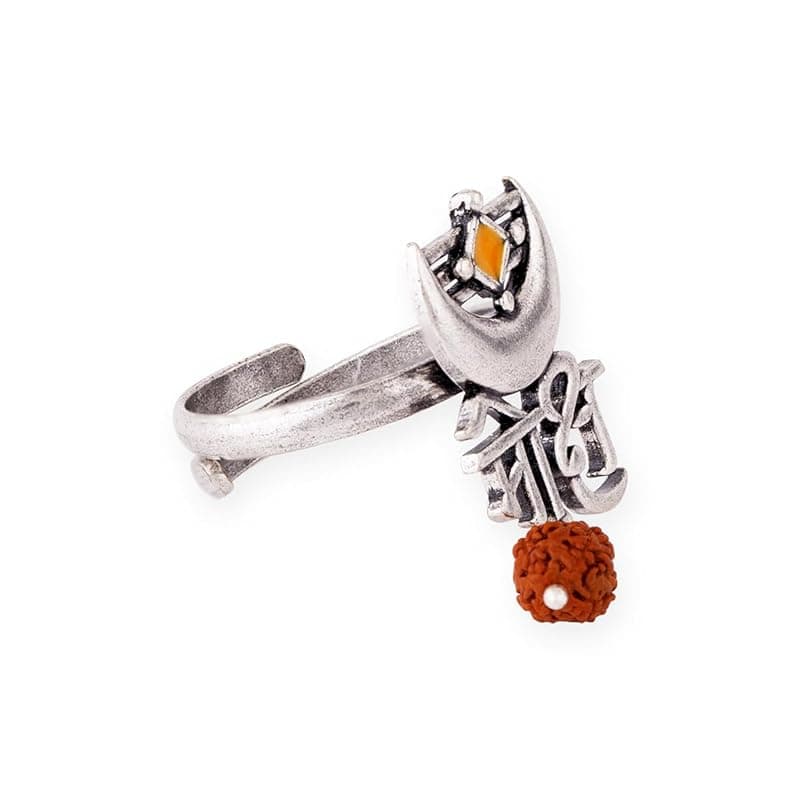 VOYLLA Oxidised Silver Stylish Brass Enamel Aham Brahmasmi Moksh Inscription Ring for Women and Girls