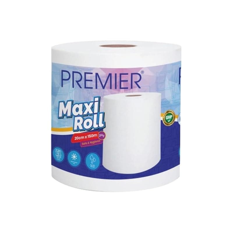 Premier 2 Ply Maxi Tissue Paper Roll- Pack of 1 | 750 pulls | Multipurpose Disposable Paper Napkins | 20 cms x 150 m | Soft, Gentle, Highly Absorbent & Hygienic Tissues