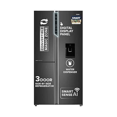 Haier SmartChoice 592L 3Star 3-Door Water Dispenser Side by Side Frost Free Refrigerator|Convertible|Smart Sense AI|Inverter|Digital Display Panel (2025 Model, HRT-683WGKU1, Graphite Black)