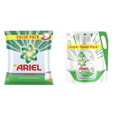 Ariel Complete Detergent Washing Powder- 4Kg Value Pack &amp; Ariel Matic Liquid Detergent Front Load Refill Pouch, 2 Litre
