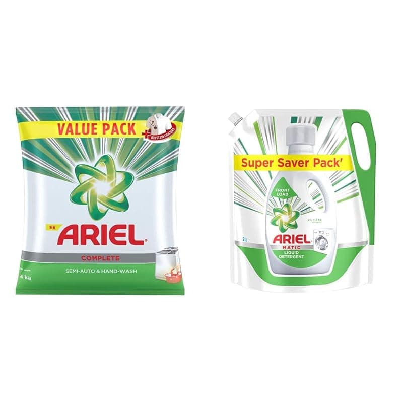 Ariel Complete Detergent Washing Powder- 4Kg Value Pack &amp; Ariel Matic Liquid Detergent Front Load Refill Pouch, 2 Litre