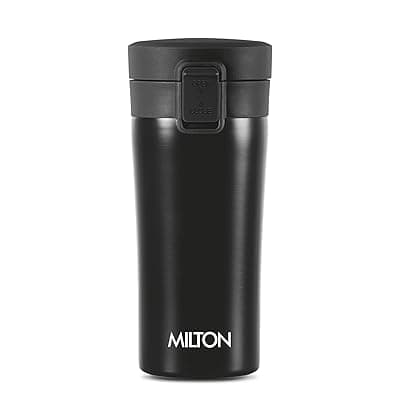 MILTON Thermosteel Vacuum Insulated Travel Coffee Mug, 300ml, Black, Prolonged Hours Hot &amp; Cold, ISI Certified, Spill Proof &amp; Easy to Sip, Leakproof &amp; Rustproof, On The Go Coffee Cup