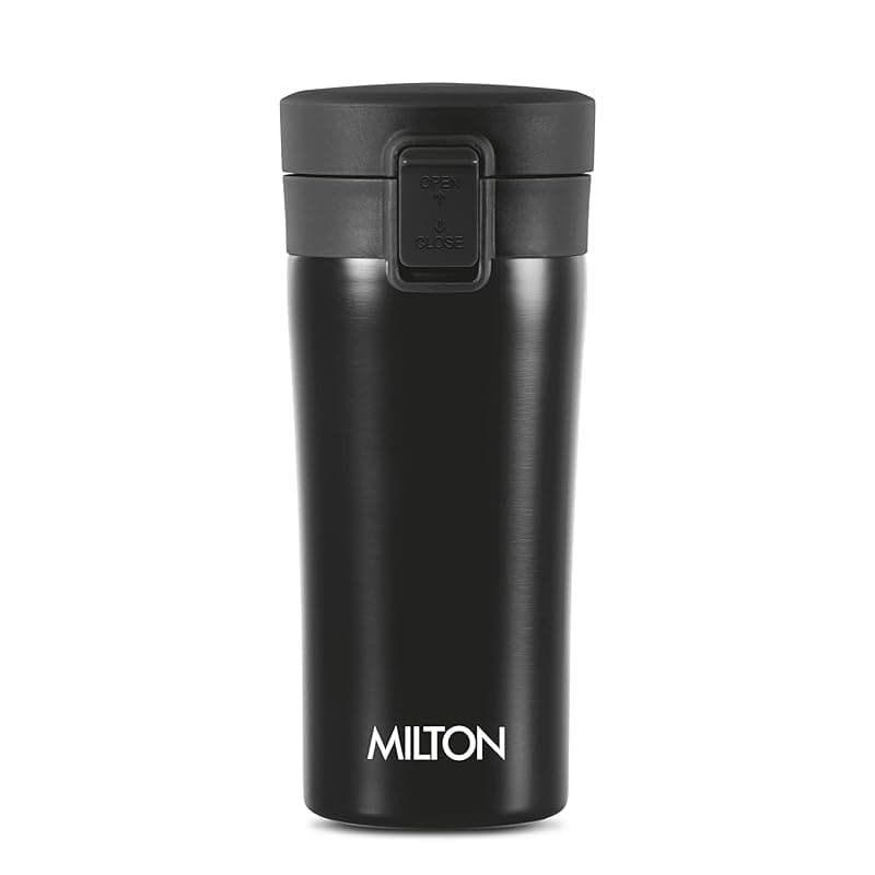 MILTON Thermosteel Vacuum Insulated Travel Coffee Mug, 300ml, Black, Prolonged Hours Hot &amp; Cold, ISI Certified, Spill Proof &amp; Easy to Sip, Leakproof &amp; Rustproof, On The Go Coffee Cup