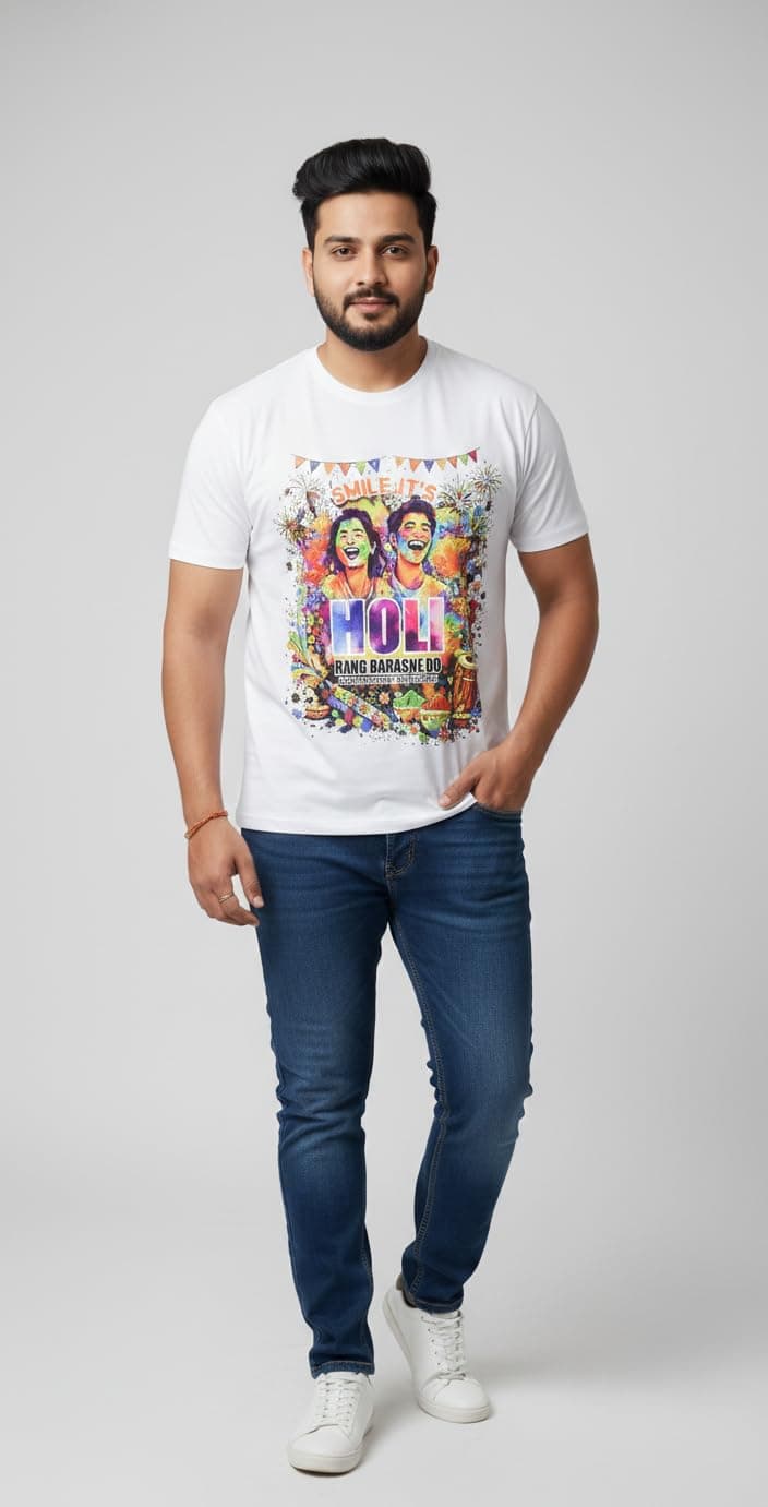 Men’s Holi Special White Graphic T-Shirt – "Rang Barse" Edition | Size S | PoPo Toys®