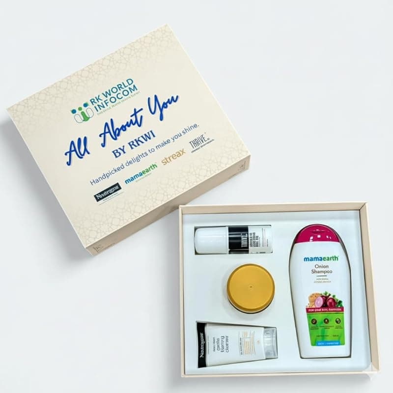All About You by RKWI- Complete Self Care Gift Box with Thrive Co. Underarm Roll On, Streax Hair Mask, Mamaearth Onion Shampoo & Neutrogena Face Wash