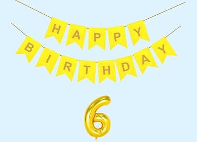 6th Happy Birthday Decoration Kit Yellow for 6 year Old Boys Girls Kids with Number Six Party Decorations Decor Celebration Items Item Set Combo Reusable Paper Banner
