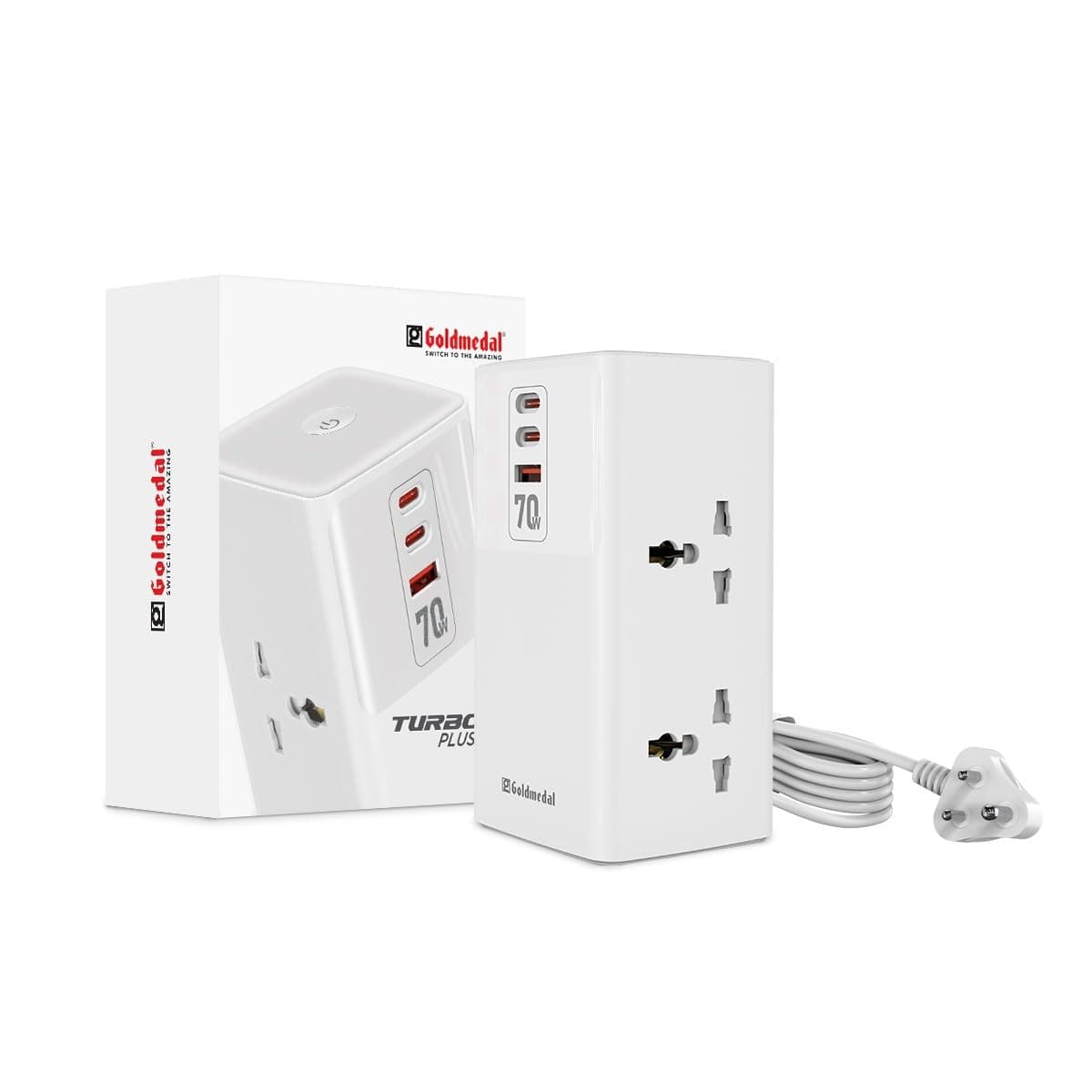Goldmedal Turboplus+ Power Strip | 4 Universal Sockets | 2 Meter Cable | USB-A & USB-C Charging Ports | Master Switch with Indicator | Multi Plug Extension Board for Home & Office