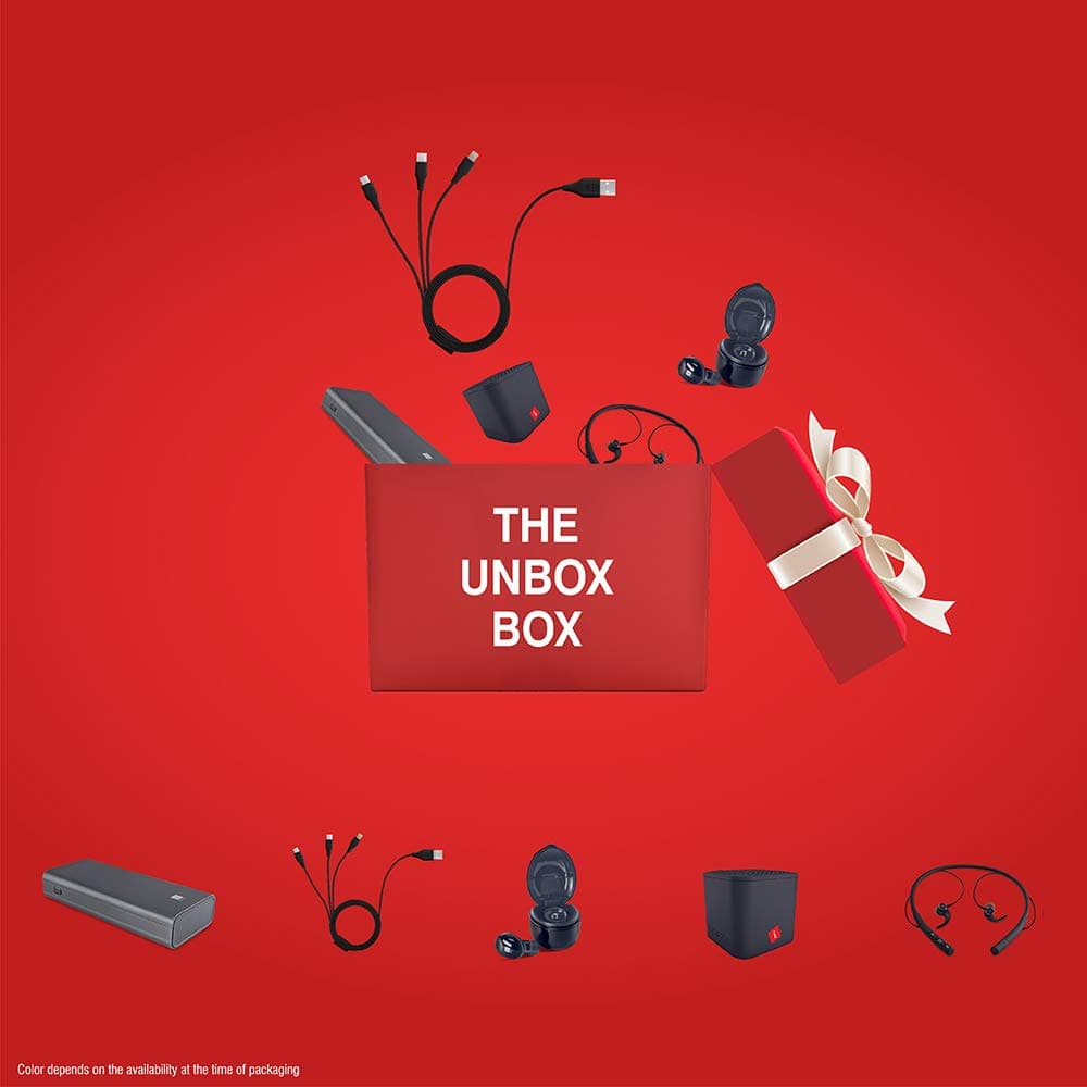 iBall The UNbox Box Premium Electronics Gift Hamper (1 Nano Earwear B10, 1 Earwear Base Neckband, 1 LPS 10000 Power Bank, 3 in 1 Charging Cable, 1 Musi Play Speaker)