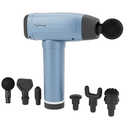 Lifelong BLDC Gun Massager for Full Body Pain Relief | Deep Tissue Percussion Massager with 6 Heads | LED Touch Screen | 30 Speed Levels | LLGM144 (Blue)