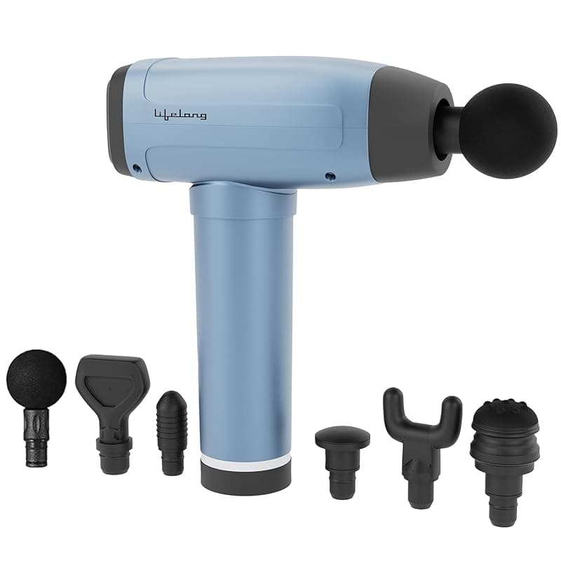 Lifelong BLDC Gun Massager for Full Body Pain Relief | Deep Tissue Percussion Massager with 6 Heads | LED Touch Screen | 30 Speed Levels | LLGM144 (Blue)