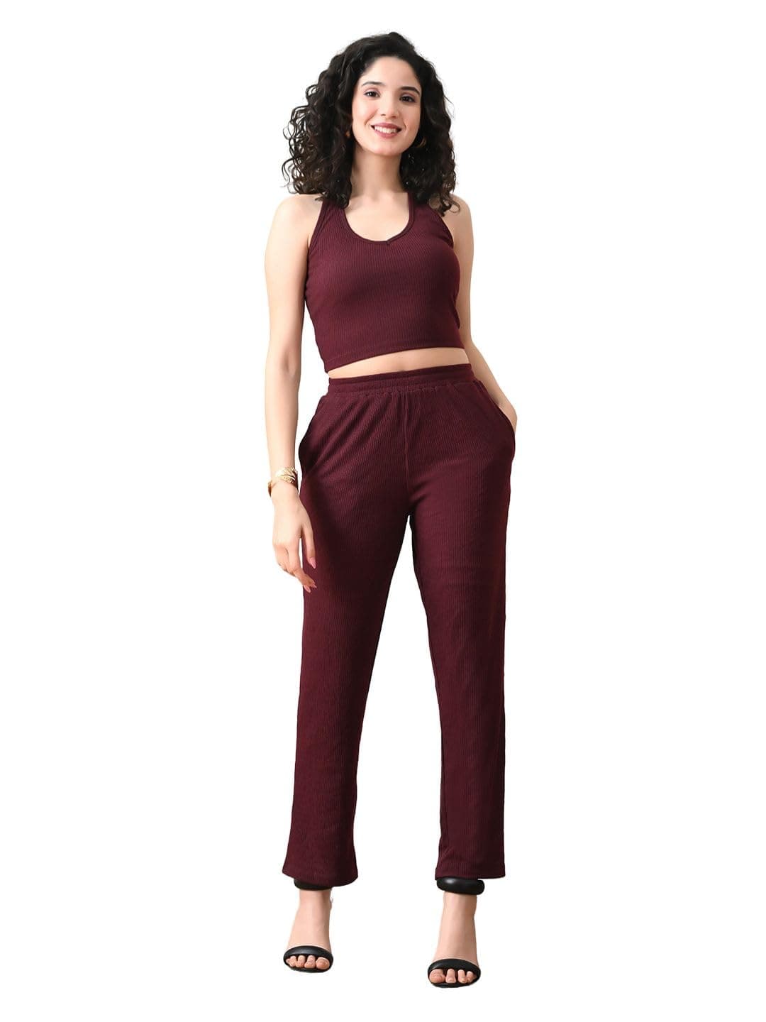 UNIfringe Women's Ribbed Co-ord Set | Sleeveless Crop Top & Straight Pants | Soft Stretchy Polyester