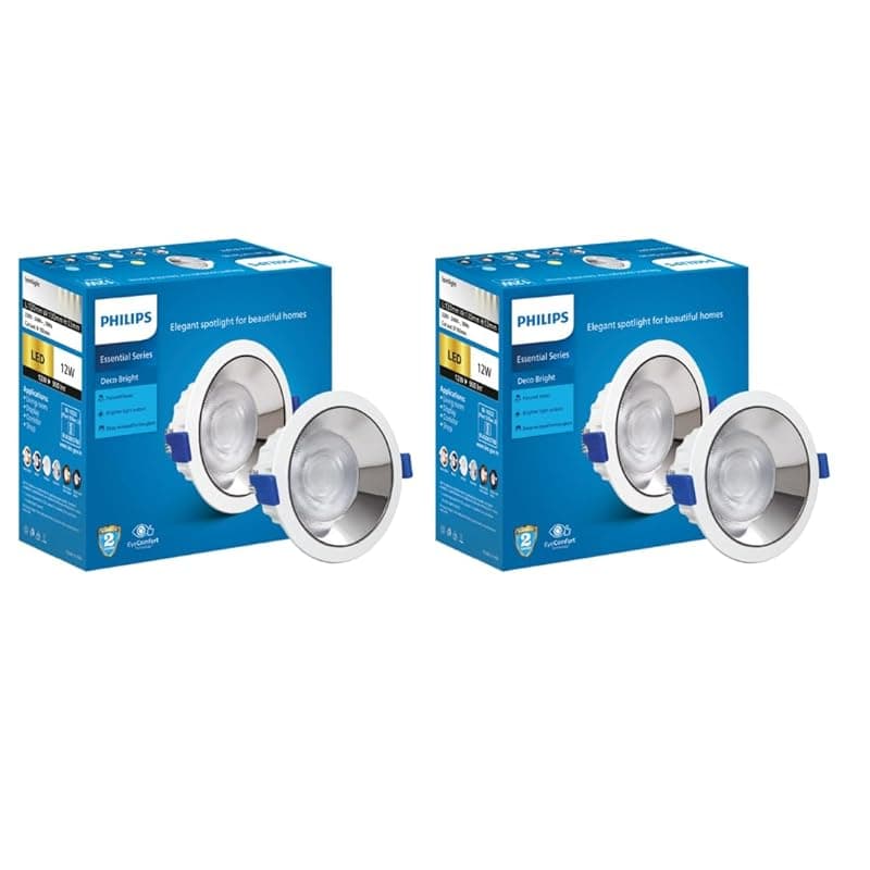 Philips 12 Watt Chrome Reflector LED Ceiling COB Round Spot Light with Focused Beam | Cut Out: 102mm | Warm White, Pack of 2 (Deco Bright)