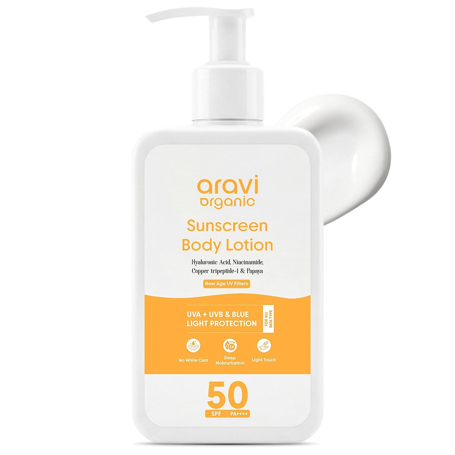 Aravi Organic Oil-Free Sunscreen Body Lotion SPF 50 PA++++ With New-Age UV Filters | (In-Vivo) Dermatologically Tested | Hydrating, Lightweight & No White Cast | UVA/UVB & Blue Light Protection | Niacinamide & Hyaluronic Acid | Sunscreen For Oily & Dry Skin | 200ml